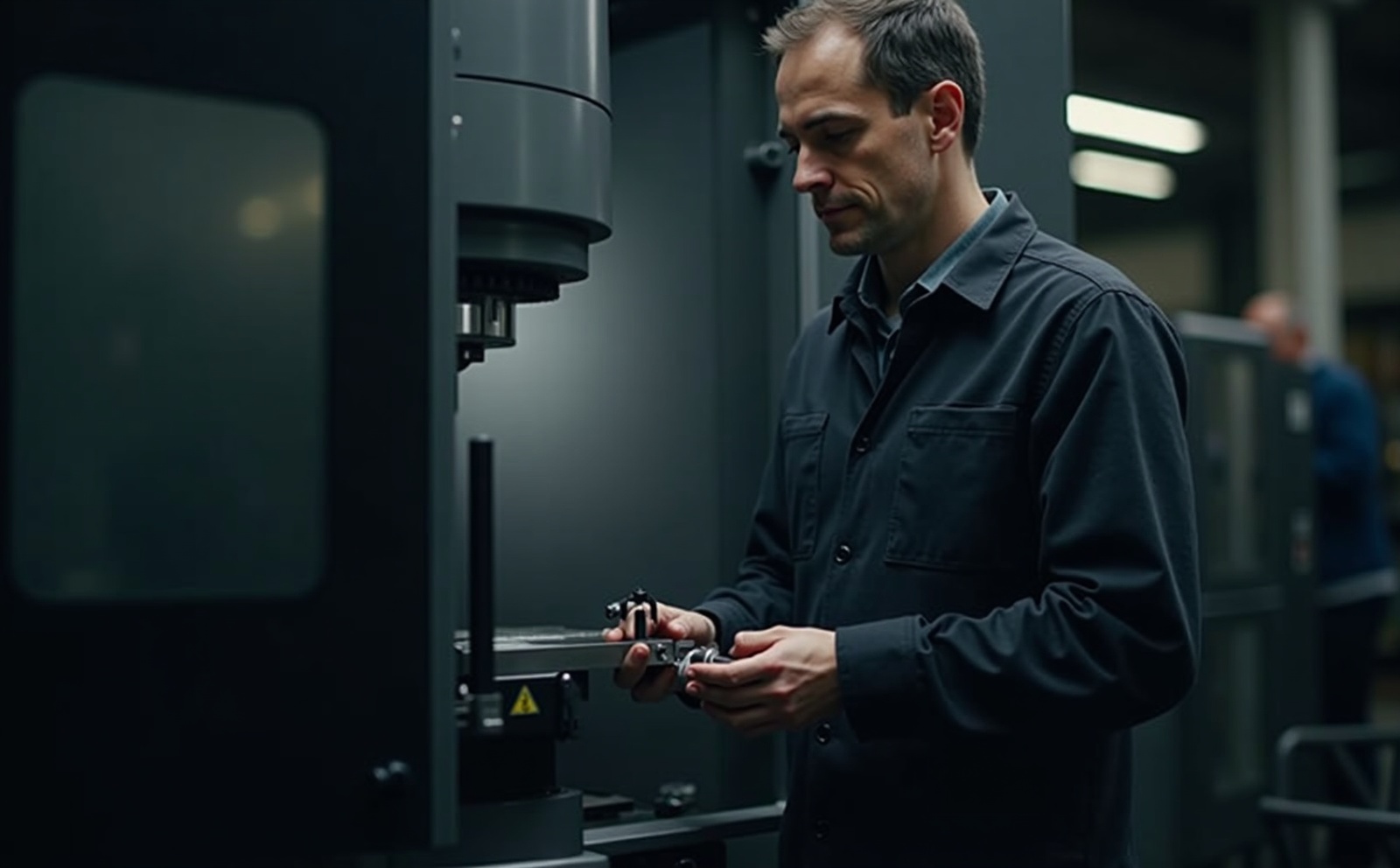 Ingenieur prüft Präzisionsteil an CNC-Maschine