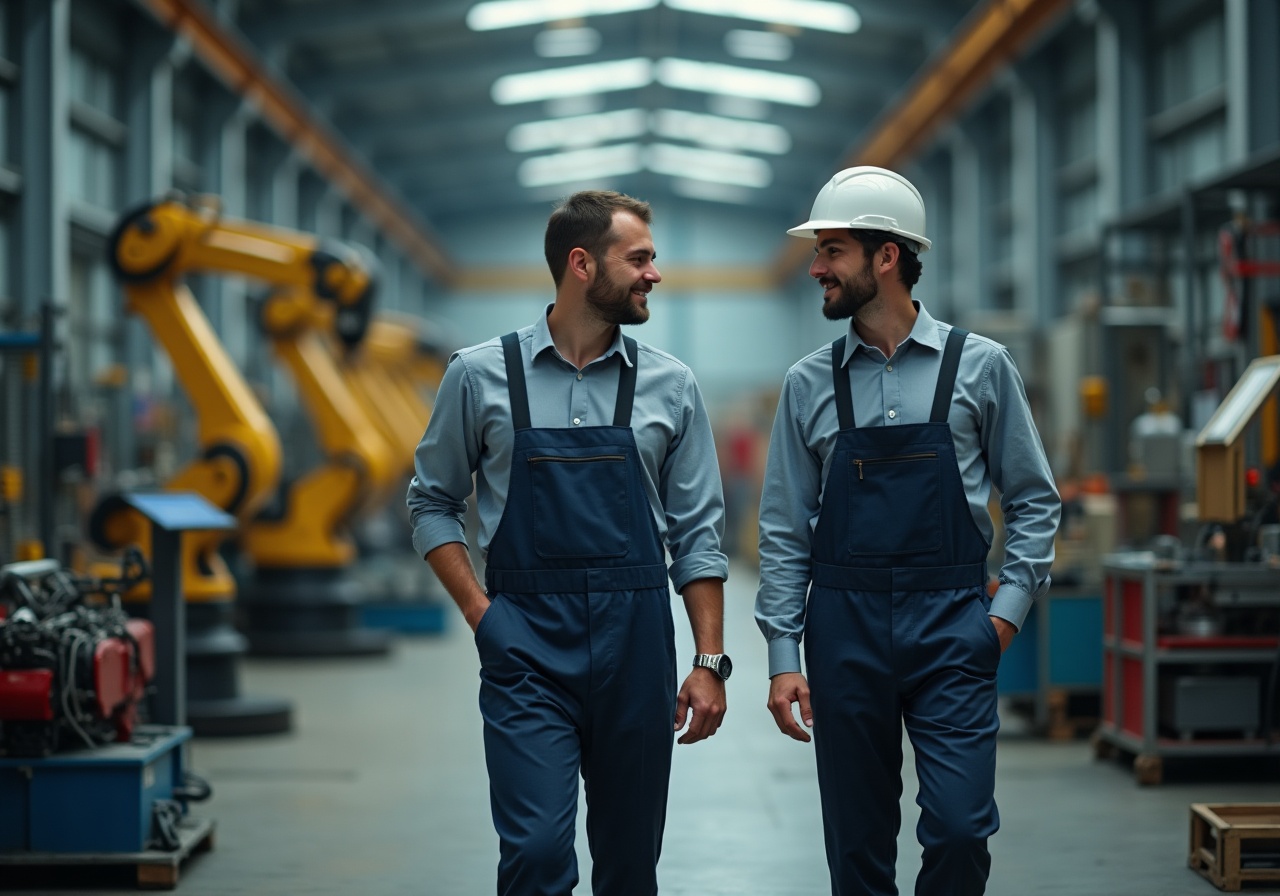 Vertriebsingenieur und Produktionsleiter in moderner Fertigungshalle