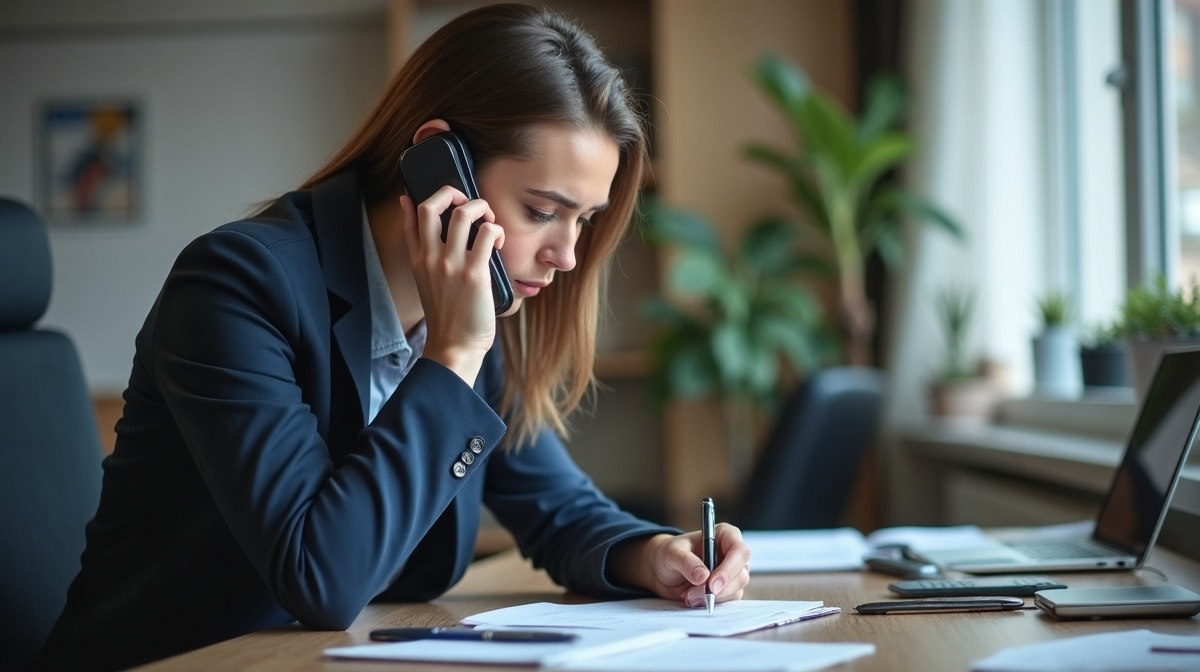 Vertriebsmitarbeiter telefoniert und prüft Notizen am Schreibtisch