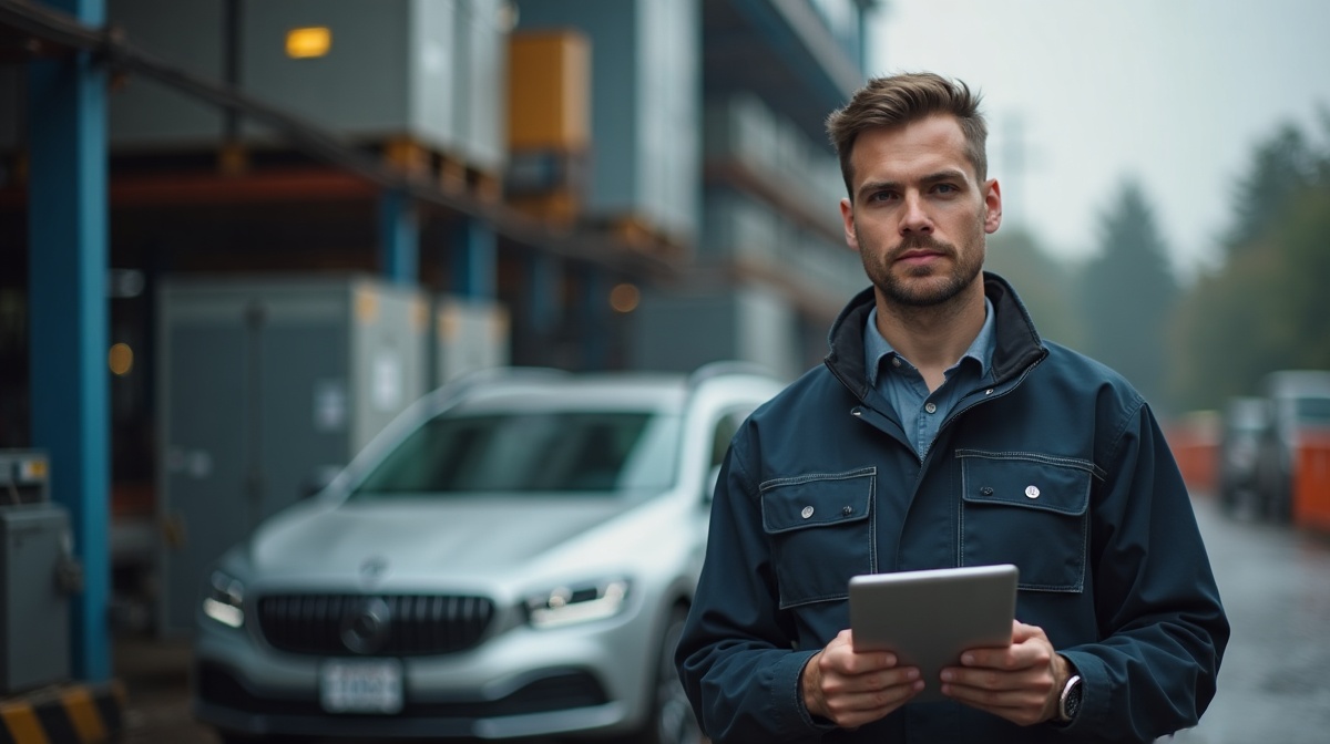 Außendienst-Ingenieur mit Tablet vor dem Auto am Industriestandort
