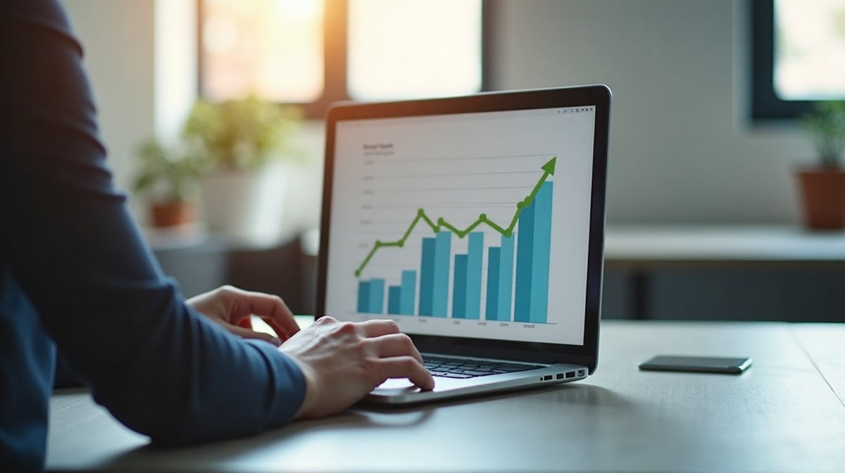 Laptop zeigt steigende Analyse-Grafik