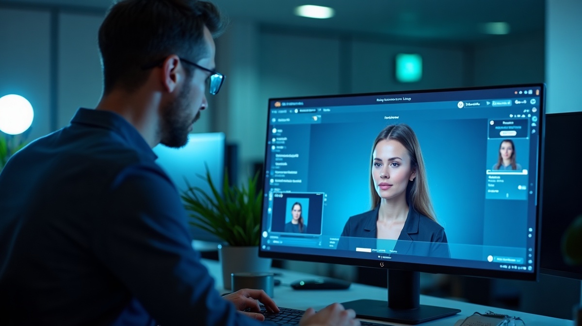 Ingenieur befragt KI-Assistent am großen Monitor