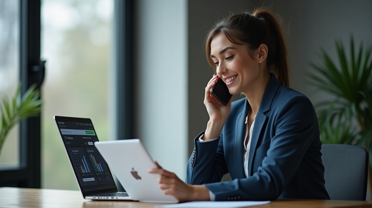 Fachkraft telefoniert mit Laptop und CRM-Bildschirm