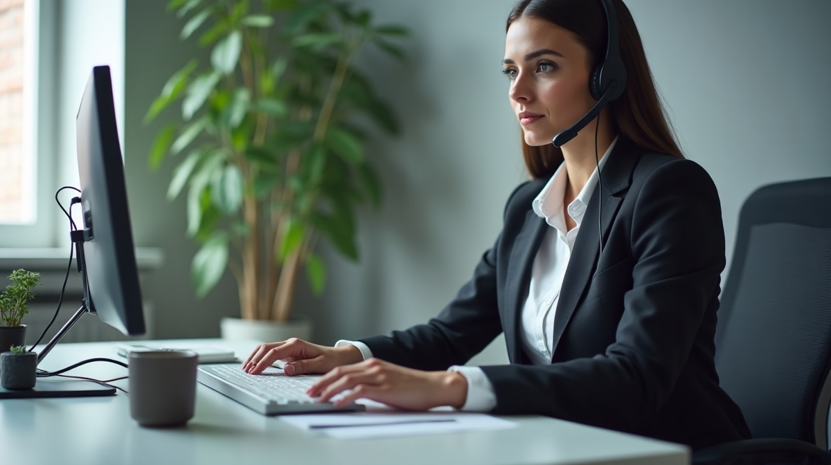 Vertriebsmitarbeiter mit Headset am modernen Schreibtisch