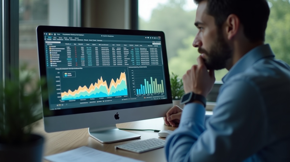 Marketer analysiert Keyword-Daten am Monitor