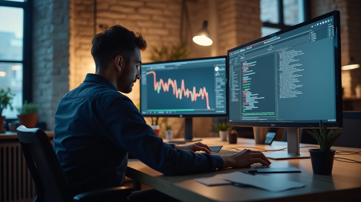Entwickler baut Automatisierungs-Workflow an zwei Monitoren