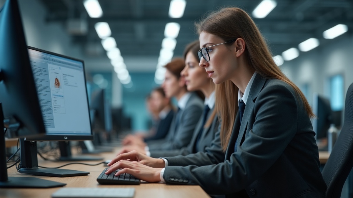 Mitarbeiter im Fabrikbüro arbeiten mit moderner Software