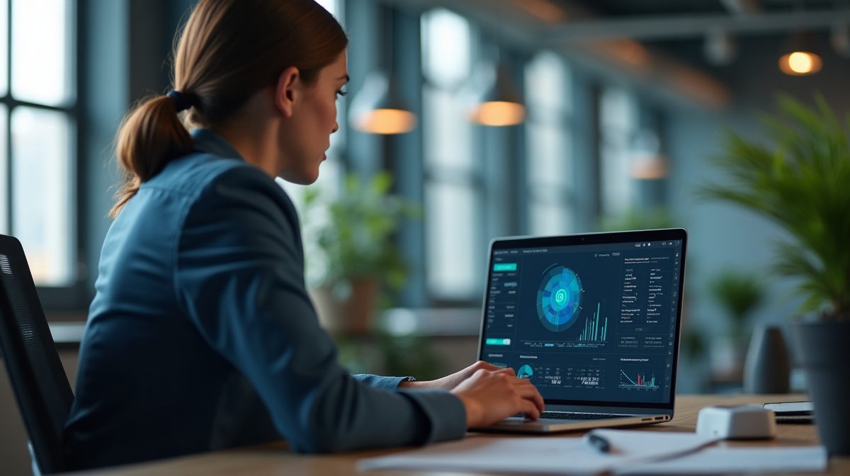 Vertriebsmitarbeiter prüft KI-Dashboard am Laptop