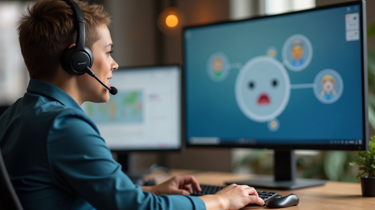 Kundenservice-Arbeitsplatz mit Headset und Chat-Bildschirm