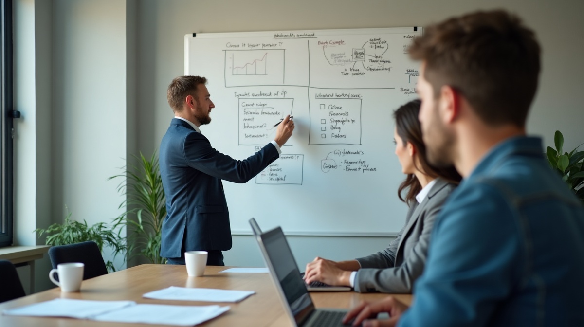 Content-Planung an Whiteboard und Laptop im Marketing-Büro