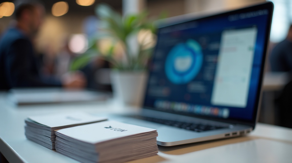 Vertriebsteam sortiert Messekontakte nach der Messe im Büro