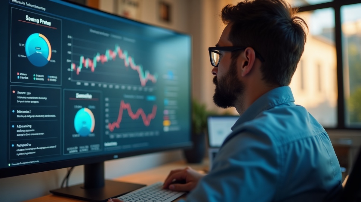 Stratege prüft Website-Performance am großen Monitor