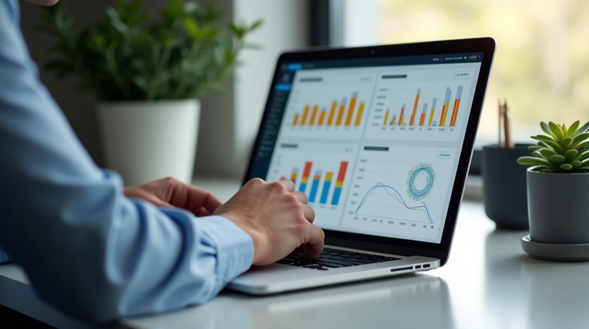 Fachkraft prüft Analyse-Dashboard am Laptop