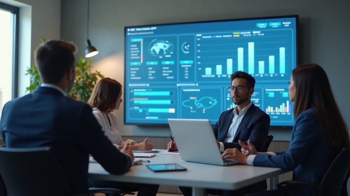 Vertriebsteam prüft CRM-Dashboard am großen Bildschirm