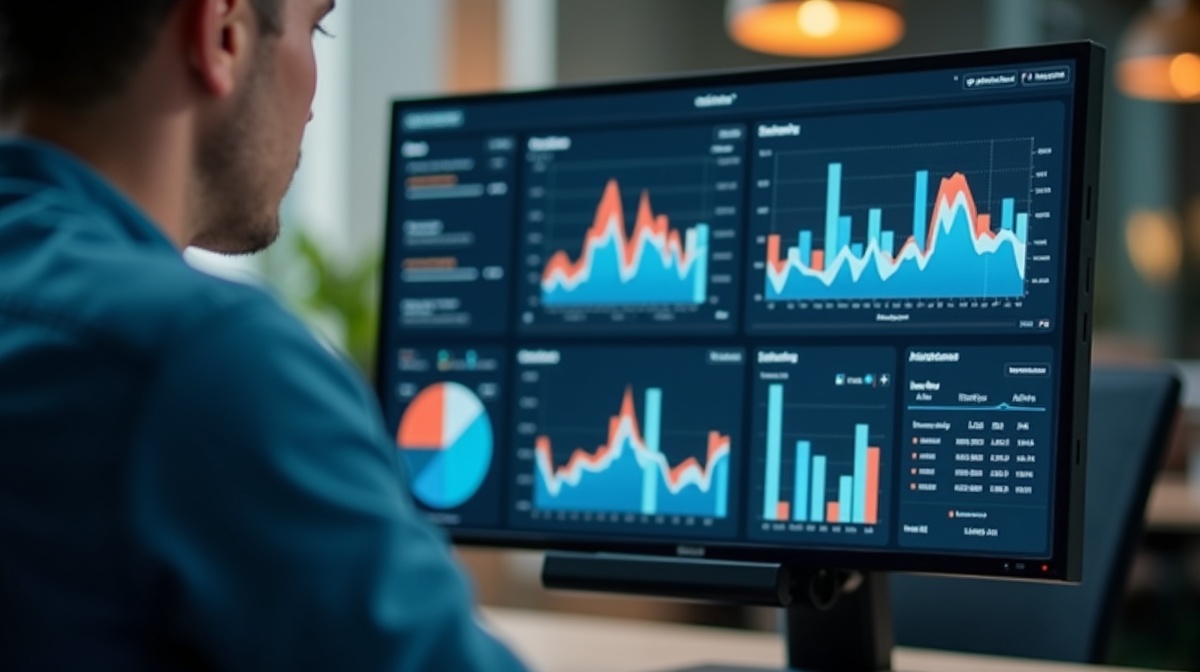 Vertriebsleiter analysiert KPIs auf einem Dashboard im Industriebüro