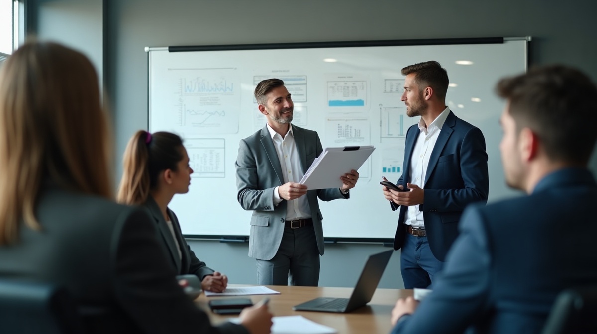 Manager präsentiert Vertriebsstrategie am Whiteboard