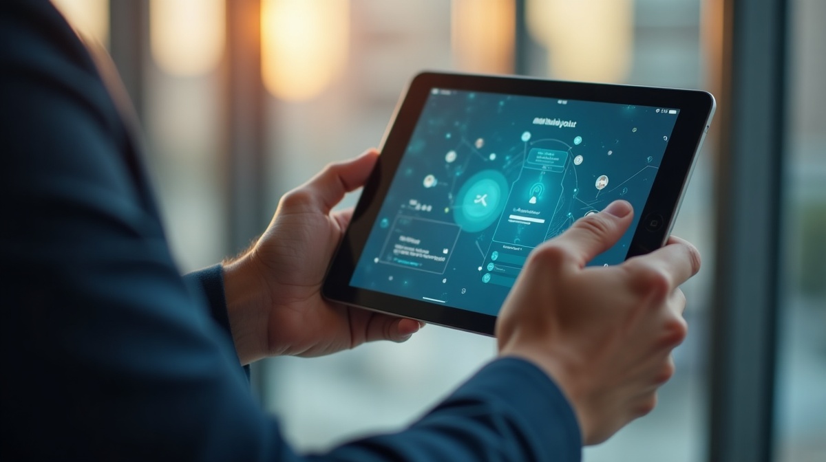 Hände halten Tablet mit KI-Chat im Industriebüro
